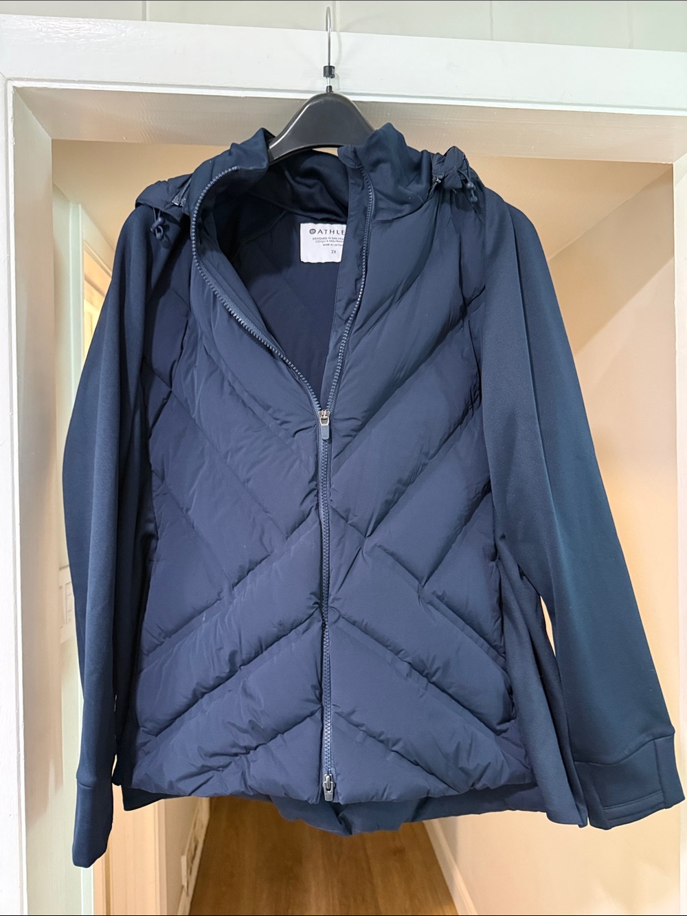 Athleta Navy Quilted Puffer Jacket with removable hood